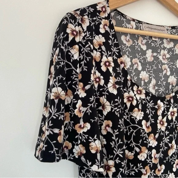 CATHERINE MALANDRINO BLACK/WHITE/BEIGE FLORAL JERSEY SHORT SLEEVED TOP, X-LARGE - Picture 3 of 9